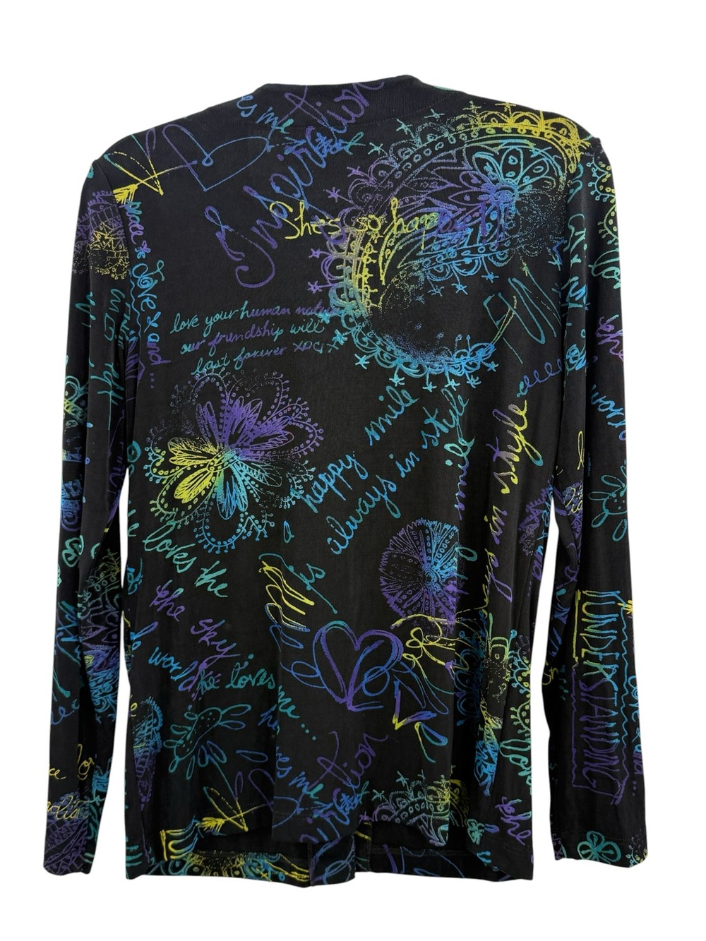 Chico's Travelers Black Peace Love Happiness Cardigan Jacket Top Wearable Art - Picture 3 of 10